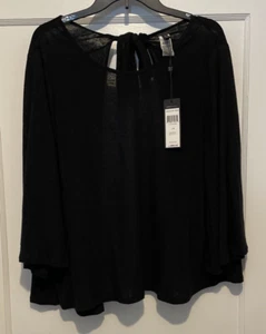 New BCBGMaxAzria Top Women's Medium Tie Open-Back Bell Sleeve Black $88 MSRP NWT - Picture 1 of 17