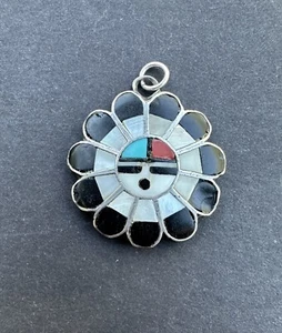 Vintage Zuni Sterling Silver Onyx Turquoise Coral Inlay Sun Face Pendant - Picture 1 of 2