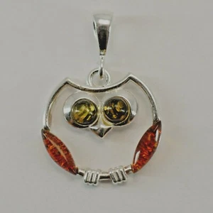 Natural, Genuine, Multi-Color, BALTIC AMBER Owl Pendant STERLING SILVER #3504 - Picture 1 of 3