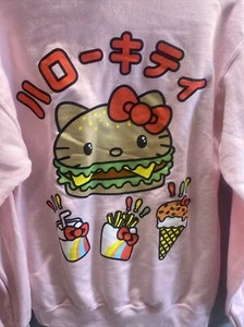 HELLO KITTY Women Sz S Pink HOODIE Pull String Kangaroo Pocket Food Logos SHIRT - Picture 1 of 6