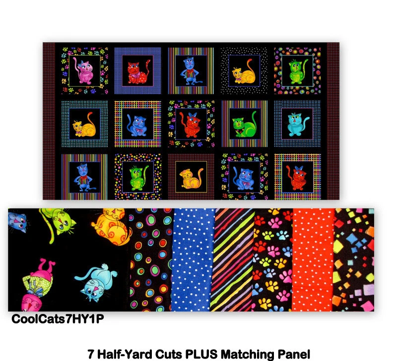 Tela de algodón Loralie Designs Cool Cat 7 cortes de media yarda + 1 panel estampado de patas de gato Foto 1 de 1