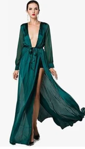 Miss Ord Women's Sexy Deep V Long Sleeve High Split w Belt Maxi Cover Up Dress S - Picture 1 of 11