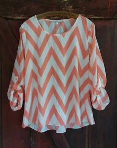 Moa Moa Orange White Blouse Womens Medium Shirt Roll Tab Sleeve Lightweight - Picture 1 of 9