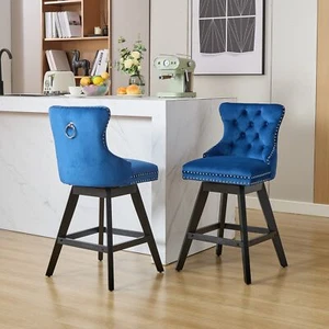 2Set 25.9" Height Swivel Velvet Barstools Button Tufted Bar Chairs Wooden Legs - Picture 1 of 17