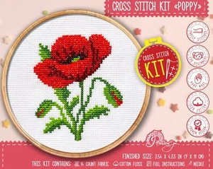 Blumen Kreuzstich Set Rot Mohn Anfänger Stickpackung für Kinder und Erwachsene - Bild 1 von 8