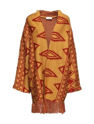 ViCOLO Mantella Soprabito Fantasia senape Rosso Frange Over tg Uni taglia unica - Immagine 1 di 4