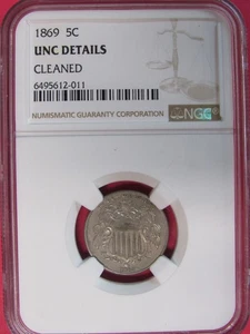1869 SHIELD NICKEL  !!! HUGE DIE BREAKS !!!  NGC UNC. DETAILS - Picture 1 of 4