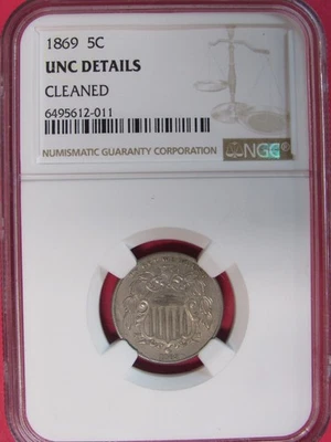 1869 SHIELD NICKEL  !!! HUGE DIE BREAKS !!!  NGC UNC. DETAILS - Image 1 of 4