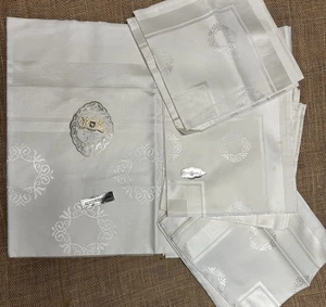 Vintage Damast weiß Damast Tischdecke & 8 Servietten Made in Japan Neu aus altem Lagerbestand mit Etikett - Bild 1 von 8