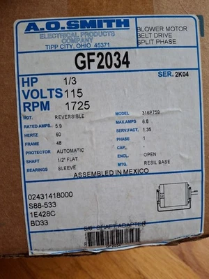 A.O. Smith GF2034 Belt-Drive AC Blower Motor 1/3HP 1725 rpm - Image 1 of 4
