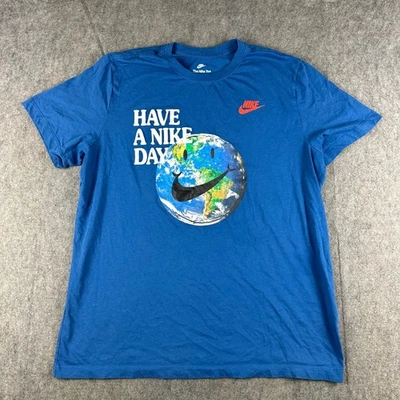 耐克男式 XL 蓝色 T 恤 T 恤 Have A Nike Day Earth Smiley 图形 Swoosh — 第 1/4 张图片