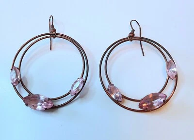 Double Ring Copper-Tone & Pink Glass Marquise Hoop Boho Earrings 1 1/2" Costume - Image 1 of 3