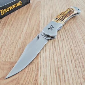 Browning Folding Knife 3.13" 9Cr13CoMoV Steel Blade Brown Jigged Bone Handle - Picture 1 of 13