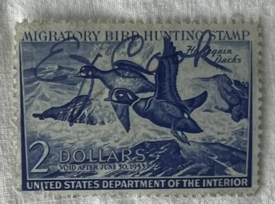1953 $2 Harlequin Ducks Migratory Bird Hunting Stamp. Signed. Original Glue - Image 1 of 3