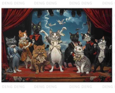 Impresiones artísticas de teatro de gatos de inspiración vintage, decoración de pared felina única para amantes de los gatos Foto 1 de 4
