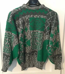 Vintage 80s Kate Collins Sweater Gray Green Black Pattern Womens Large USA - Picture 1 of 10
