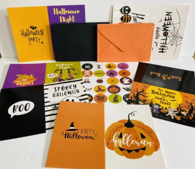 25 x Halloween Cards & Envelopes + Matching Stickers Orange Black Various Design
