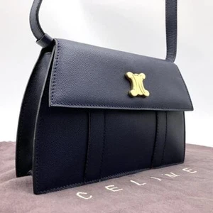 Rare CELINE Triomphe Shoulder Bag Crossbody Leather Navy Used Auth From Japan - Picture 1 of 11
