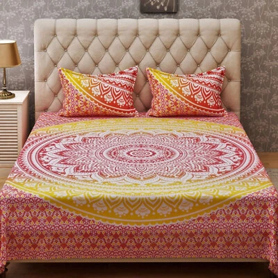 Indian Multi Color Queen Size Bed Sheet Cover With 2 Pillow Case Bedding Set - Image 1 of 3