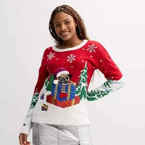 Women's Plus Jollidays 3D Holiday Long Sleeve Sequins Sweater Red Pug Size 5X - Picture 1 of 1