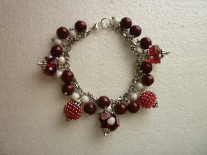 *Stainless Steel Bracelet Glass Lampwork Wine & White Colors - Bild 1 von 7
