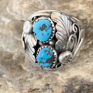 Blue Kingman Turquoise 2 Stone Navajo Sterling Silver Ring Size 11.5 14127 - Picture 1 of 12