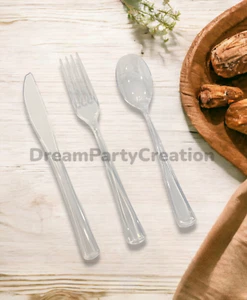 Pack of 24 CLEAR Premium Plastic CUTLERY Set Knife, Fork, Spoon - Picture 1 of 1