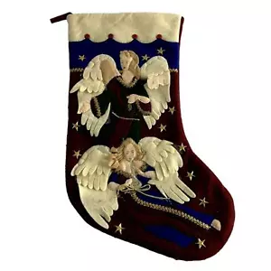 Christmas Stocking Felt Angels Stars Burgundy Blue 19" Holiday - Picture 1 of 4