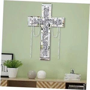 Crushed Diamond Wall Cross with Mirror & Beads 20L" x 12.5W" Crystal Silver - Picture 1 of 8