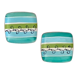 Crate & Barrel,  Rounded Square Turquoise Striped 7" Dessert Plates, Set of 2 - Picture 1 of 4