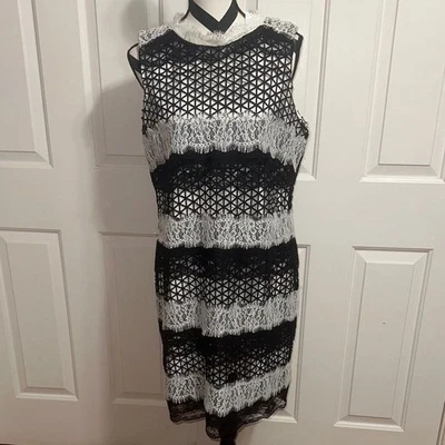 Badgley Mischka Black and White Geometric Lace Midi Dress - Image 1 of 4