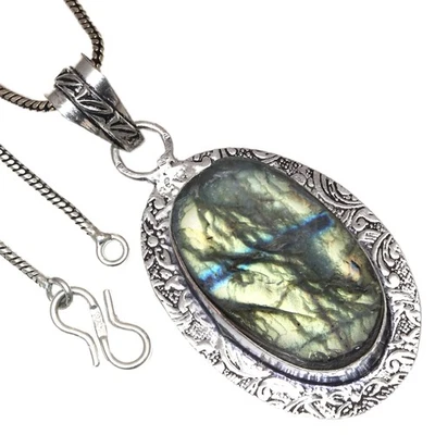 Colgante Labradorita Drusy Piedras Preciosas Día de San Valentín Étnico Plata Joyería 2.5" Foto 1 de 4