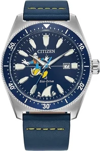 Citizen Eco-Drive Herren Disney Donald Duck, Edelstahl mit blauem Leder St - Bild 1 von 3