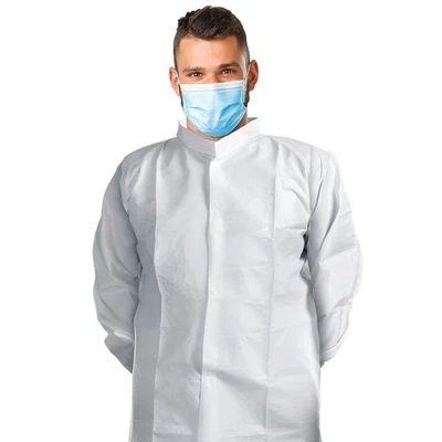 Disposable Lab Coats 43" Long 60ct White 3XL PPE Gowns w/ Stand-Collar Elastic - Image 1 of 4