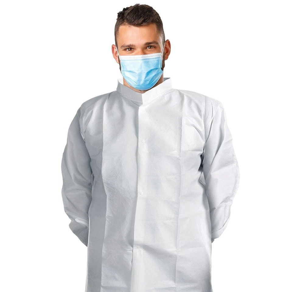 Disposable Lab Coats 43" Long 60ct White 3XL PPE Gowns w/ Stand-Collar Elastic - Image 1 of 4