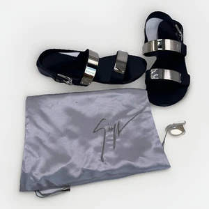 Giuseppe Zanotti Homme ZAK Black Leather Sandals Shoes Size 44 Metal - Picture 1 of 12