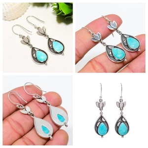 Arizona Amazonite Earrings 925 Sterling Silver Oxidized Lotus Leaf Fine Jewelry - Picture 1 of 8