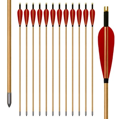 12Pcs Handmade Tradition 33" Wooden Arrow LongBow Red Turkey Feather Fletching - Image 1 of 4