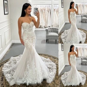 Mermaid Wedding Dresses Strapless Glitter Lace Appliques Sweep Train Bridal Gown - Picture 1 of 9