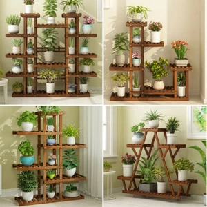 Wooden Multi Tier Plant Stand Flower Rack Shelf Bonsai Holder Home Garden Corner - Picture 1 of 86