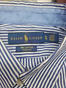 Polo Ralph Lauren Blue Striped Button Up Shirt Men XL 100% Cotton Stretch