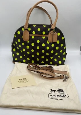 Coach Purse Cora Dome Handbag Neon Yellow Polka Dot W/Strap~Cloth Bag~Signature - Image 1 of 4