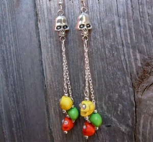 Cascading Colorful Skulls with Rhinestone Eyes Hanging Earrings - Picture 1 of 5