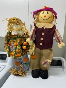 Scarecrow Mr & Mrs Handmade Large Straw Fabric Craft Dolls Halloween 20-26" Tall - Picture 1 of 6