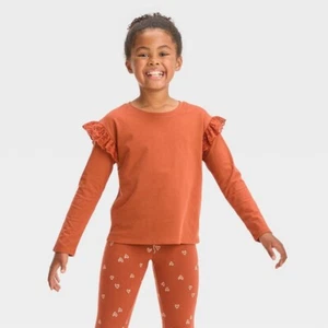 Cat & Jack Girls Long Sleeve Eyelet T-Shirt Chestnut Orange Size Large 10/12 NEW - Picture 1 of 7