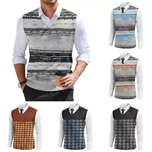 Men's Fashion Printed V-Neck Vest Sleeveless Knitted Pullover - Picture 1 of 30