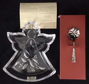 Christmas Cut Crystal Tray Candy Dish Metal BonBon Spoon Holiday Angel 9x8  - Picture 1 of 12