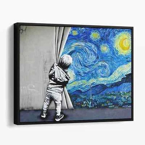 Sternennacht hinter dem Vorhang Banksy Van Gogh Retro Leinwandbild Wandbild - Bild 1 von 7