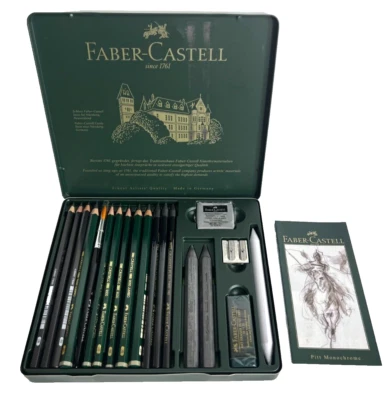 Faber Castell 19 件 Pitt 石墨锡套装艺术家素描绘画 - 德国 — 第 1/4 张图片