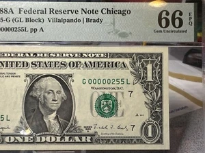 WOW 1988A $1  FRN ( CHICAGO “G”) Low 3 Digit Serial # 255  - PNG 66 EPQ - Picture 1 of 10